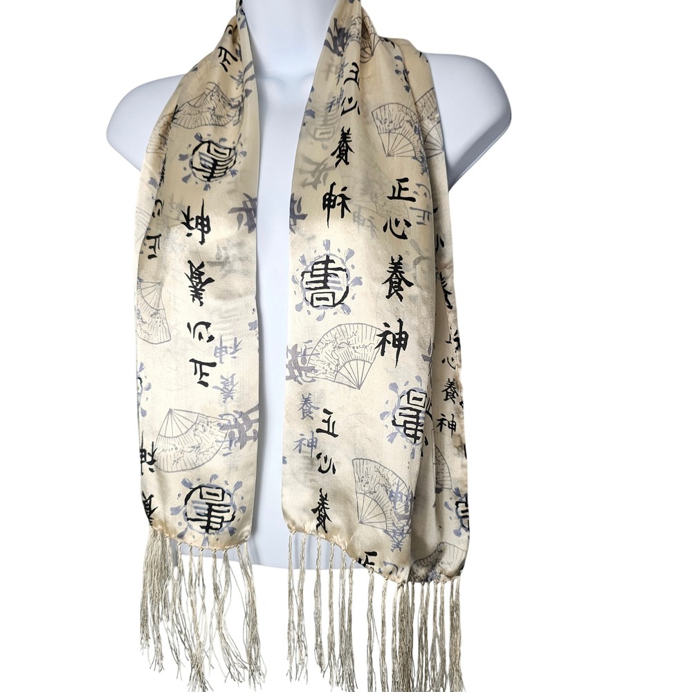 Silk Scarf Unisex Cream Black Calligraphy Fan Print Fringe Wrap Neutral Academia - Picture 1 of 9